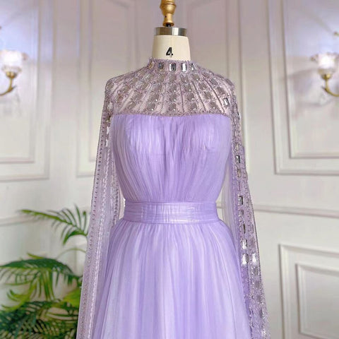 Purple Arabic A-Line Beaded Sexy Luxury Cape Sleeves High Neck Evening Dresses Gowns 2025 For Women Party LA71764