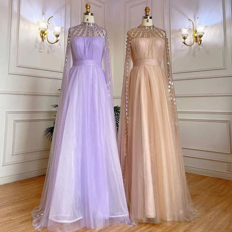 Purple Arabic A-Line Beaded Sexy Luxury Cape Sleeves High Neck Evening Dresses Gowns 2025 For Women Party LA71764