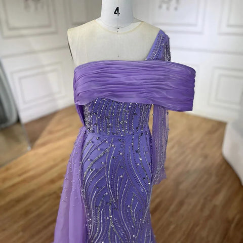 Purple Arabic Evening Dress Side Train Pearls One Shoulder for Women's Formal Prom Wedding Party Gowns 2025 LA72332A