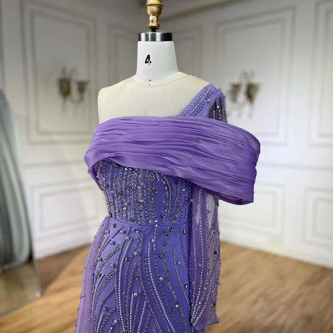 Purple Arabic Evening Dress Side Train Pearls One Shoulder for Women's Formal Prom Wedding Party Gowns 2025 LA72332A