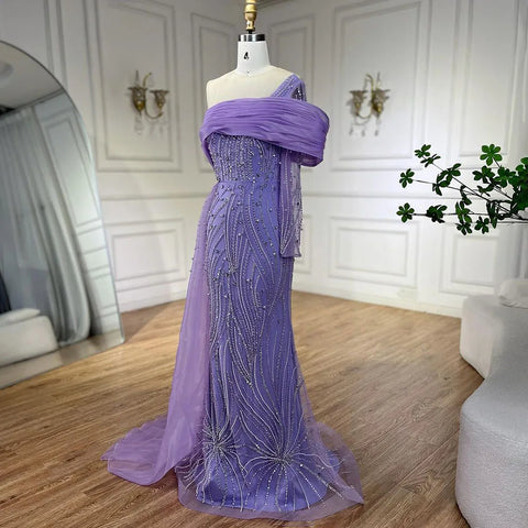 Purple Arabic Evening Dress Side Train Pearls One Shoulder for Women's Formal Prom Wedding Party Gowns 2025 LA72332A