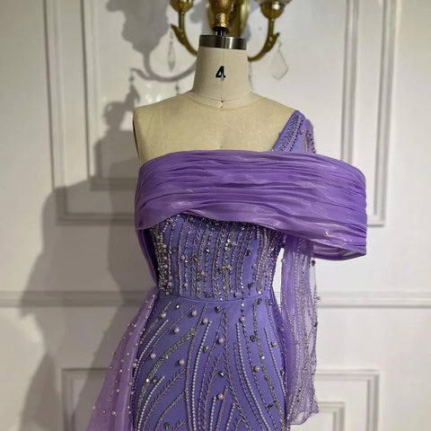 Purple Arabic Evening Dress Side Train Pearls One Shoulder for Women's Formal Prom Wedding Party Gowns 2025 LA72332A