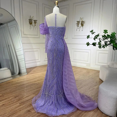 Purple Arabic Evening Dress Side Train Pearls One Shoulder for Women's Formal Prom Wedding Party Gowns 2025 LA72332A
