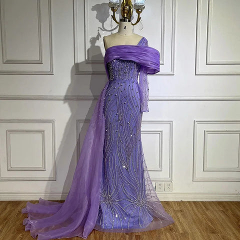 Purple Arabic Evening Dress Side Train Pearls One Shoulder for Women's Formal Prom Wedding Party Gowns 2025 LA72332A