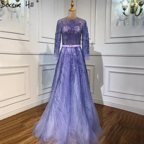 Purple Beading Sashes A-Line Evening Dresses Gowns 2025 Long Sleeves Luxury Elagant For Women Party LA70138