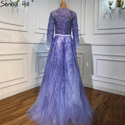 Purple Beading Sashes A-Line Evening Dresses Gowns 2025 Long Sleeves Luxury Elagant For Women Party LA70138