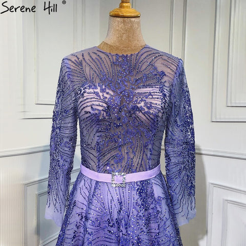 Purple Beading Sashes A-Line Evening Dresses Gowns 2025 Long Sleeves Luxury Elagant For Women Party LA70138