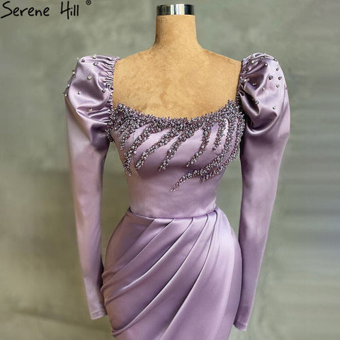 Purple High Split Mermaid Evening Dresses Gowns 2025 Elegant Satin Beading For Women Party LA71090