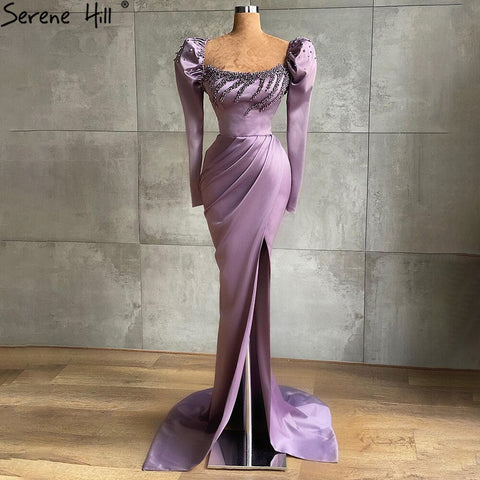 Purple High Split Mermaid Evening Dresses Gowns 2025 Elegant Satin Beading For Women Party LA71090