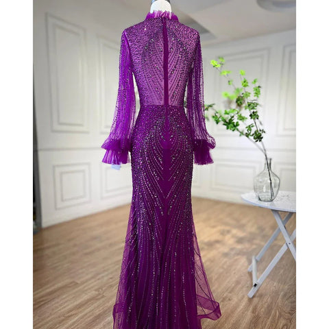 Purple Mermaid Elegant High Neck Evening Dresses Gowns 2025 Long Sleeves Beaded Luxury For Women Party LA71690