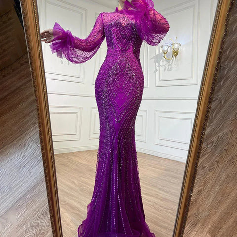 Purple Mermaid Elegant High Neck Evening Dresses Gowns 2025 Long Sleeves Beaded Luxury For Women Party LA71690