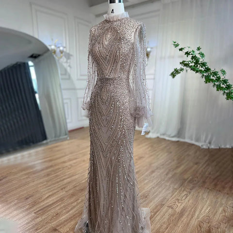 Purple Mermaid Elegant High Neck Evening Dresses Gowns 2025 Long Sleeves Beaded Luxury For Women Party LA71690