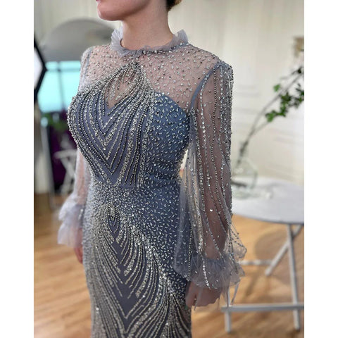 Purple Mermaid Elegant High Neck Evening Dresses Gowns 2025 Long Sleeves Beaded Luxury For Women Party LA71690