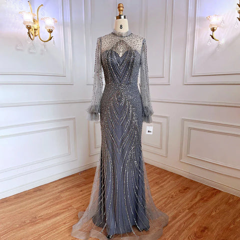 Purple Mermaid Elegant High Neck Evening Dresses Gowns 2025 Long Sleeves Beaded Luxury For Women Party LA71690