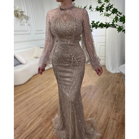 Purple Mermaid Elegant High Neck Evening Dresses Gowns 2025 Long Sleeves Beaded Luxury For Women Party LA71690