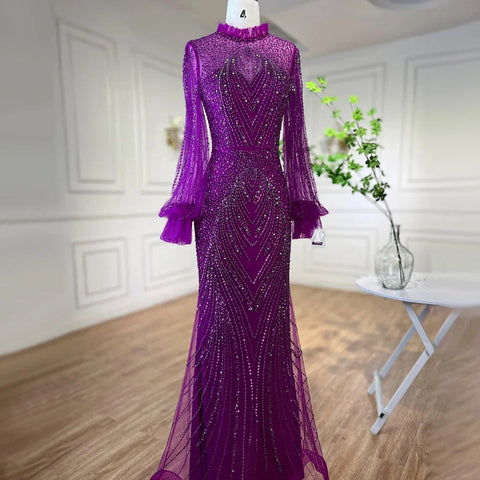 Purple Mermaid Elegant High Neck Evening Dresses Gowns 2025 Long Sleeves Beaded Luxury For Women Party LA71690
