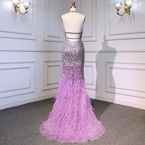 Purple Mermaid Elegant Sexy Spaghetti Straps Evening Dresses Gowns Luxury Feather Shiny Beaded 2025 Woman LA71736