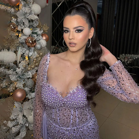 Purple Mermaid Elegant With Overskirt Luxury Pearls Beaded Evening Dresses Gowns for Women Wedding Party LA72429