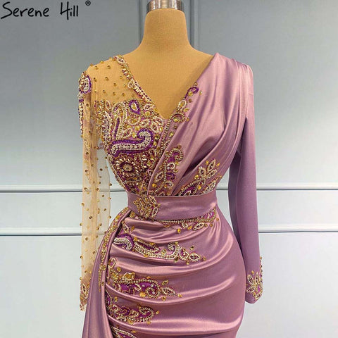 Robe de soirée sirène violette en satin, élégante et luxueuse, avec perles, pour femme, modèle LA71364, 2025 