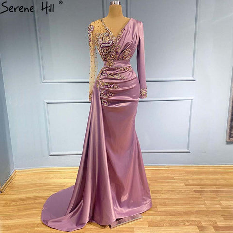Robe de soirée sirène violette en satin, élégante et luxueuse, avec perles, pour femme, modèle LA71364, 2025 