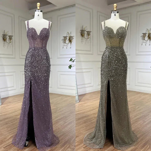 Purple Spaghetti Straps Mermaid Beaded Party High Split Evening Dresses Gowns for Woman Wedding Party 2025 LA72454