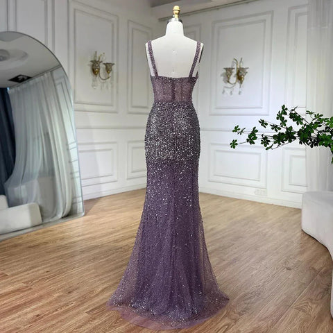 Purple Spaghetti Straps Mermaid Beaded Party High Split Evening Dresses Gowns for Woman Wedding Party 2025 LA72454