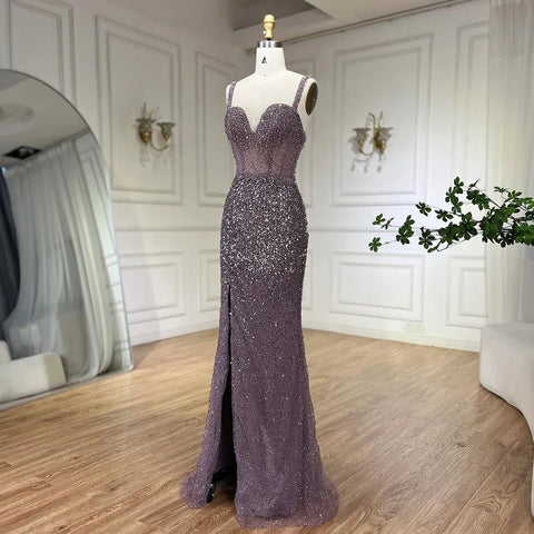 Purple Spaghetti Straps Mermaid Beaded Party High Split Evening Dresses Gowns for Woman Wedding Party 2025 LA72454