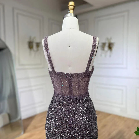 Purple Spaghetti Straps Mermaid Beaded Party High Split Evening Dresses Gowns for Woman Wedding Party 2025 LA72454