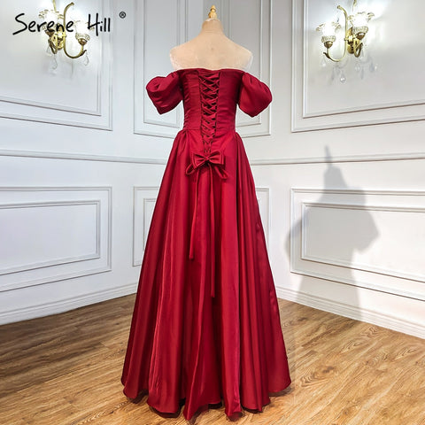 Red A-Line Satin Evening Dresses Gowns 2025 Simple Off Shoulder Sexy For Women Party LA71286