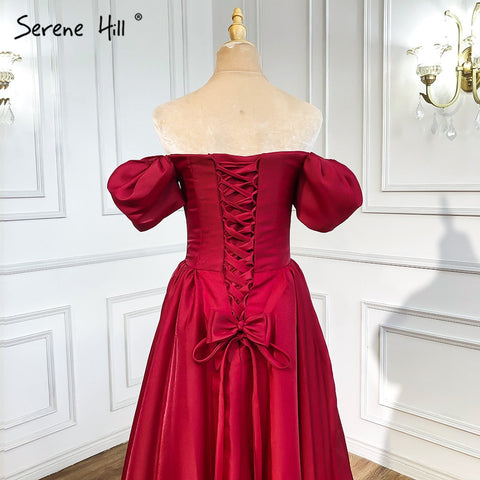 Red A-Line Satin Evening Dresses Gowns 2025 Simple Off Shoulder Sexy For Women Party LA71286