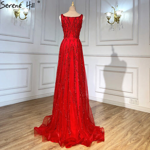 Red Beaded Split Mermaid Luxury Evening Dress Gown Sleeveless LA70765