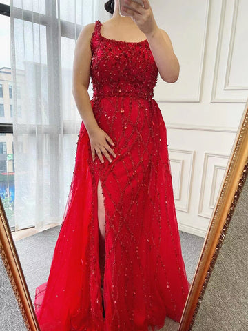 Red Beaded Split Mermaid Luxury Evening Dress Gown Sleeveless LA70765