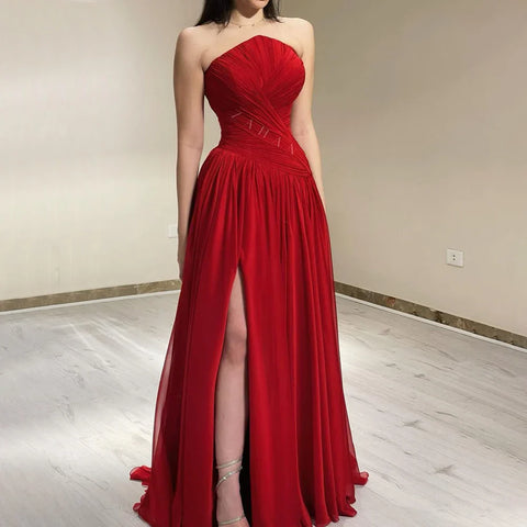 Red Chiffon Elegant Srapless with Split Evening Dress Luxury Dubai Arabic Women Wedding Prom Party Gowns 2025 LA72537