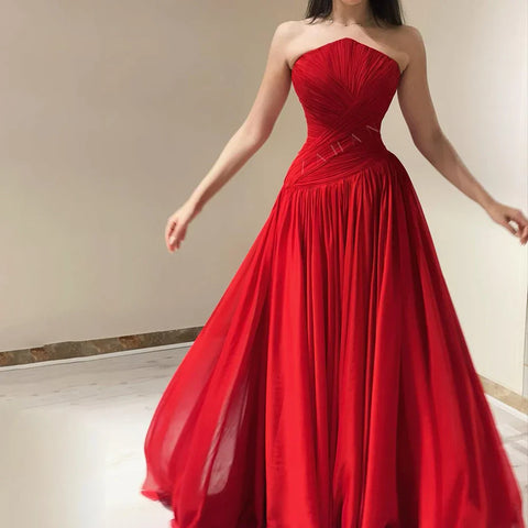 Red Chiffon Elegant Srapless with Split Evening Dress Luxury Dubai Arabic Women Wedding Prom Party Gowns 2025 LA72537