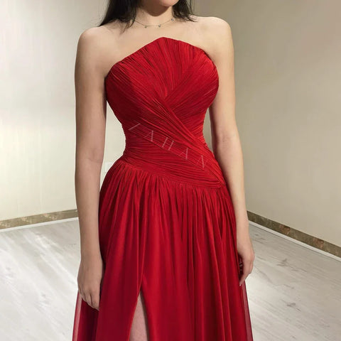 Red Chiffon Elegant Srapless with Split Evening Dress Luxury Dubai Arabic Women Wedding Prom Party Gowns 2025 LA72537