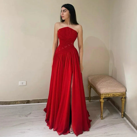 Red Chiffon Elegant Srapless with Split Evening Dress Luxury Dubai Arabic Women Wedding Prom Party Gowns 2025 LA72537