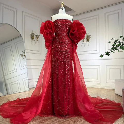 Red Long Cape Mermaid Evening Dresses Gowns with Puff Sleeves Beaded Overskirt and Design for Women's Party LA72585