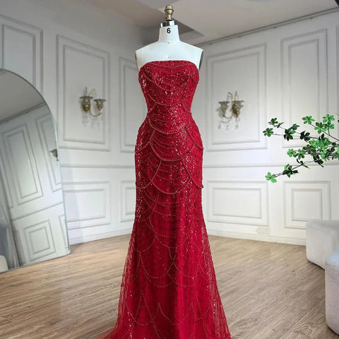 Red Long Cape Mermaid Evening Dresses Gowns with Puff Sleeves Beaded Overskirt and Design for Women's Party LA72585