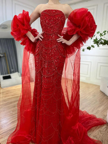 Red Long Cape Mermaid Evening Dresses Gowns with Puff Sleeves Beaded Overskirt and Design for Women's Party LA72585