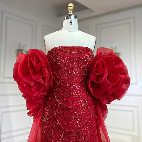 Red Long Cape Mermaid Evening Dresses Gowns with Puff Sleeves Beaded Overskirt and Design for Women's Party LA72585