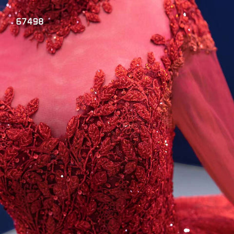 Red Long SsleevesLuxury Lace Beaded Lace Up Ball Gown Bride Gowns Wedding Dress 2025 High End Custom Made HM67498