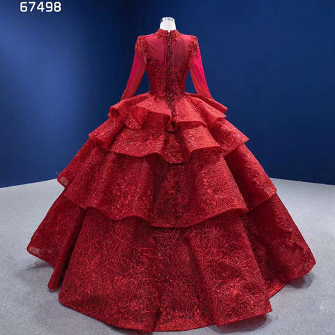 Red Long SsleevesLuxury Lace Beaded Lace Up Ball Gown Bride Gowns Wedding Dress 2025 High End Custom Made HM67498