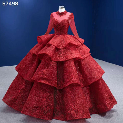 Red Long SsleevesLuxury Lace Beaded Lace Up Ball Gown Bride Gowns Wedding Dress 2025 High End Custom Made HM67498