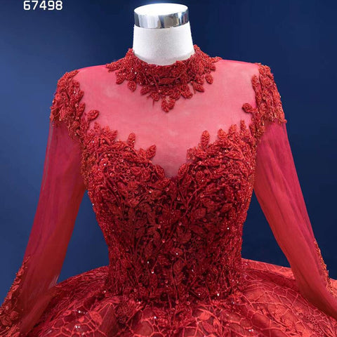 Red Long SsleevesLuxury Lace Beaded Lace Up Ball Gown Bride Gowns Wedding Dress 2025 High End Custom Made HM67498