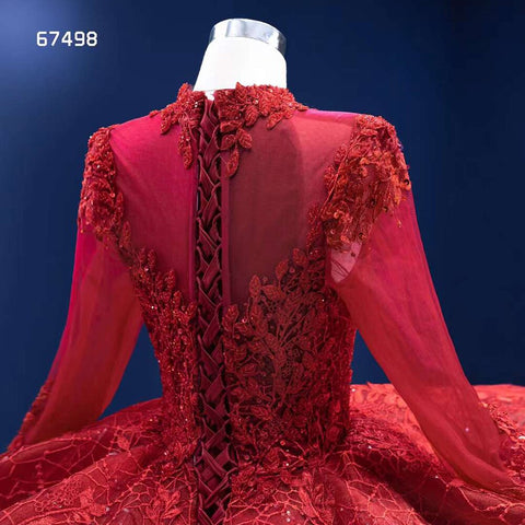 Red Long SsleevesLuxury Lace Beaded Lace Up Ball Gown Bride Gowns Wedding Dress 2025 High End Custom Made HM67498