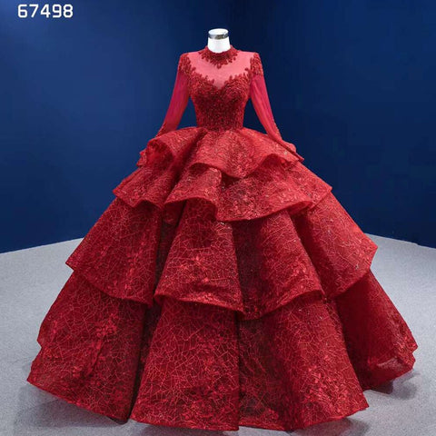 Red Long SsleevesLuxury Lace Beaded Lace Up Ball Gown Bride Gowns Wedding Dress 2025 High End Custom Made HM67498