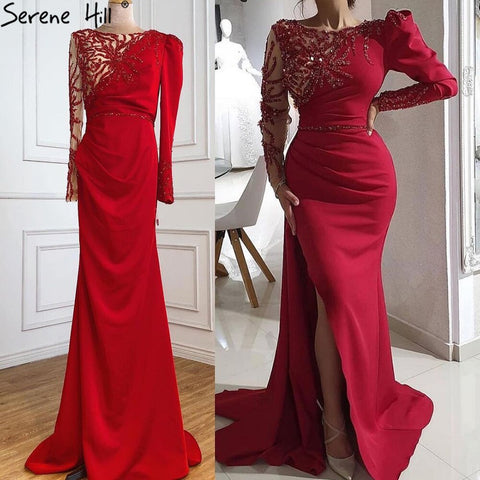 Red Mermaid Split Evening Dresses Gowns 2025 Satin Beading Elegant Sexy For Women Party LA70992