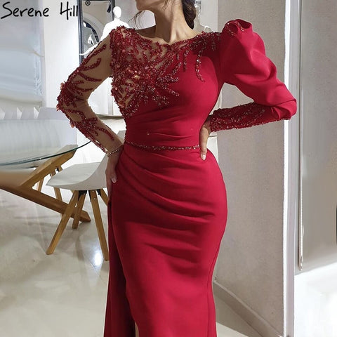 Red Mermaid Split Evening Dresses Gowns 2025 Satin Beading Elegant Sexy For Women Party LA70992