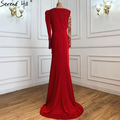 Red Mermaid Split Evening Dresses Gowns 2025 Satin Beading Elegant Sexy For Women Party LA70992