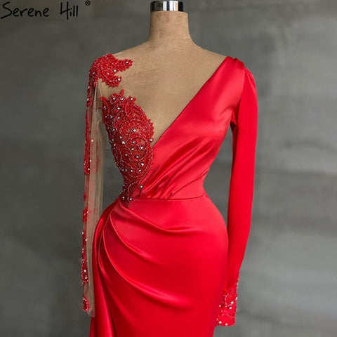 Red Muslim Mermaid Split Evening Dresses Gowns 2025 Satin Beading Elegant For Women Party LA71032